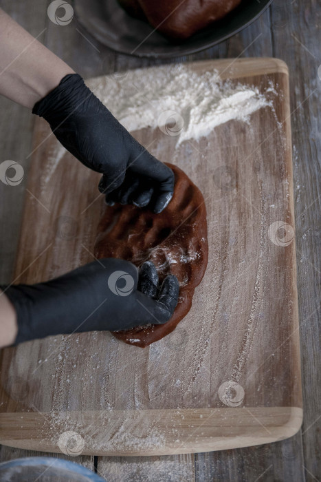 Скачать Сырое пасхальное печенье и формочки для печенья на бумаге для выпечки, вид сверху. Фотографии высокого качества. руки кондитера в перчатках фотосток Ozero