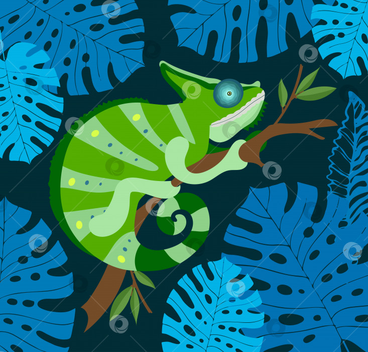 Скачать Симпатичный ручной рисунок хамелеона с плоской иллюстрацией. Тропические листья монстеры. фотосток Ozero