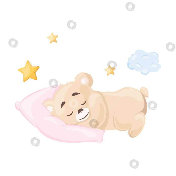 Скачать Милый маленький плюшевый мишка на прозрачном фоне, спящий на розовой подушке, векторная иллюстрация, детская мода, детская графика для обоев и принтов. Мультяшная векторная иллюстрация. фотосток Ozero