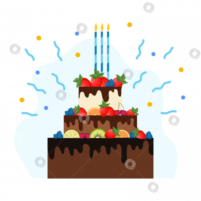 Скачать Шоколадный торт с ягодами, фруктами и свечами. Иллюстрация в плоском стиле. фотосток Ozero