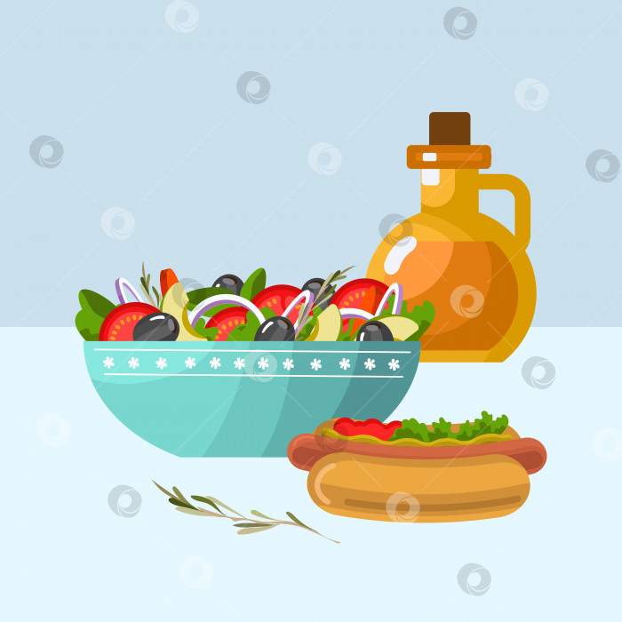 Скачать Набор вкусных блюд. Салат и хот-дог. Векторная иллюстрация в плоском стиле. фотосток Ozero