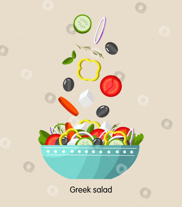 Скачать Греческий салат на тарелке с листьями зеленого салата. плоская векторная иллюстрация, изолированная на белом фоне фотосток Ozero