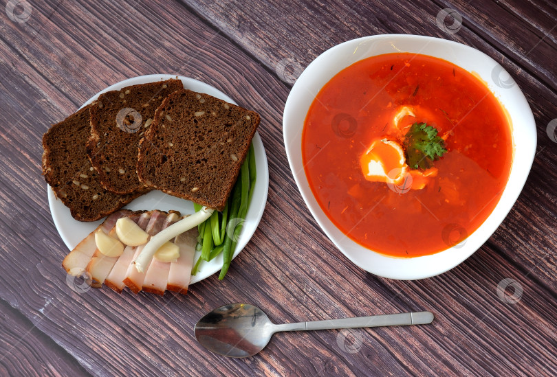 Скачать Тарелка вкуснейшего борща со сметаной, ржаным хлебом, зеленым луком и салом на деревянном столе, ложка рядом. фотосток Ozero
