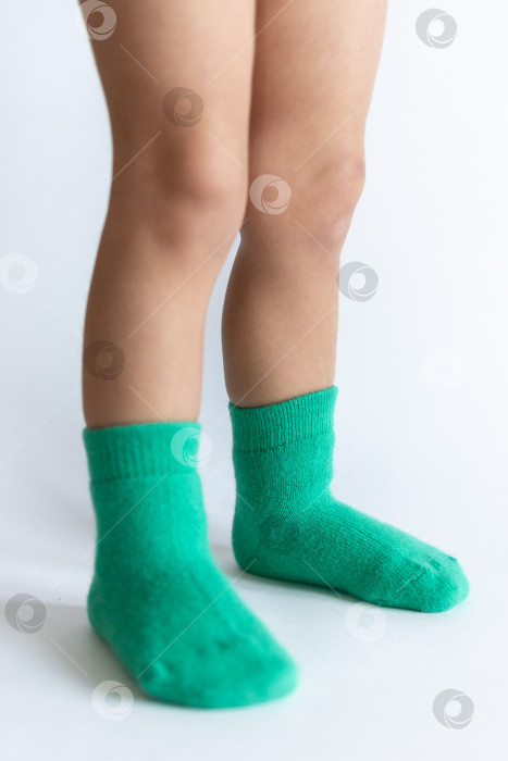 Скачать Ножки 2-летнего ребенка в теплых зеленых носочках на белом фоне фотосток Ozero