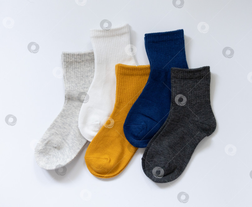 Скачать 5 пар детских носков синего, серого, горчичного, желтого, белого цветов на белом фоне фотосток Ozero