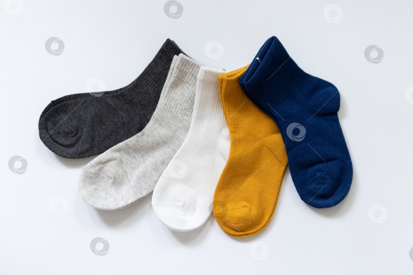 Скачать 5 пар детских носков синего, серого, горчичного, желтого, белого цветов на белом фоне фотосток Ozero