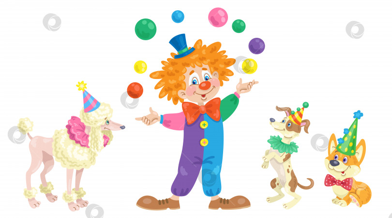 Скачать Забавный клоун-жонглер и милые цирковые собачки фотосток Ozero