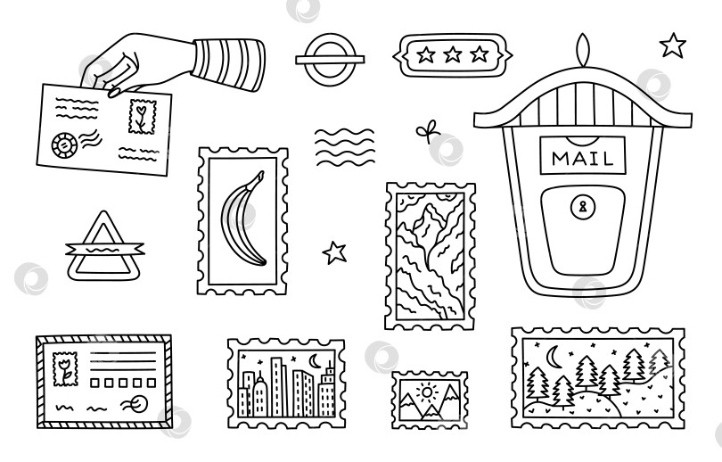 Скачать Набор для доставки почты Lovely line doodle с ретро-почтовым ящиком, женщиной, отправляющей письмо, открыткой, атмосферной почтовой маркой. Модная коллекция эскизов корреспонденции и печатей, выполненных от руки, выделена на белом фоне. фотосток Ozero