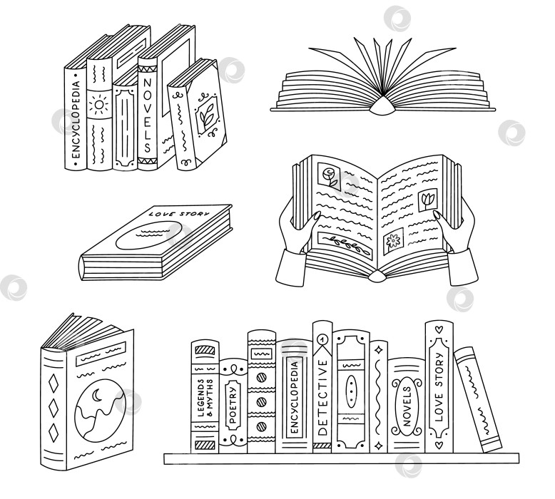 Скачать Прекрасный набор для рисования с изображением книжного магазина, литературных рисунков. Модная рисованная поэзия, энциклопедия, детектив, легенды и мифы на книжной полке, открытые книги. Значок библиотеки, выделенный на белом фоне. фотосток Ozero