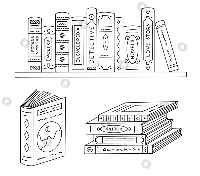 Скачать Прекрасный набор для рисования с каракулями для чтения. Книжный шкаф с книгами разных жанров, стопка литературы в твердом переплете. Нарисованный от руки рисунок библиотеки для изучения знаний, выделенный на белом фоне. фотосток Ozero