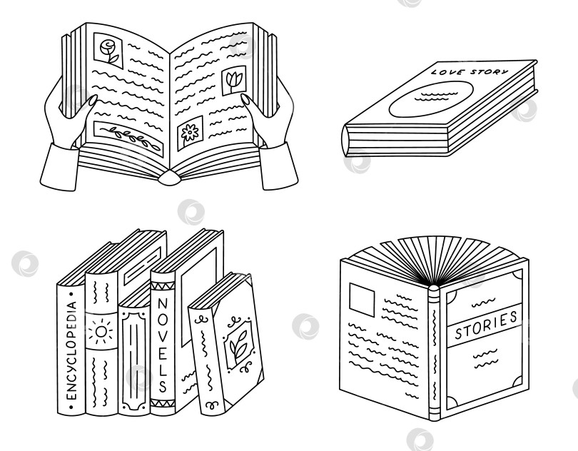 Скачать Набор для рисования Lovely line doodle с открытой книгой в руках, с картинками, абзацами, историей любви, художественной литературой, расположенными в ряд. Нарисованная от руки концепция "Назад в школу" для чтения и изучения, выделенная на белом фоне. фотосток Ozero