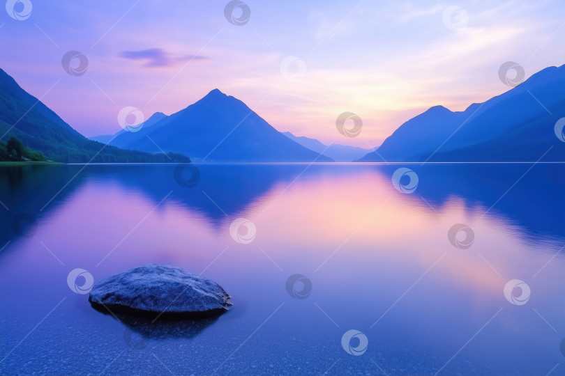 Скачать Горное озеро на рассвете со скалами и отражением в воде. фотосток Ozero