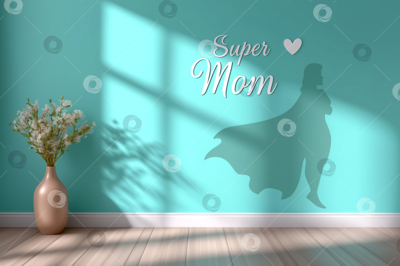 Скачать Стильный интерьер с бирюзовой стеной с надписью Super Mom и теневым силуэтом фигуры супергероя, оформленный в честь Дня матери post cared, прославляет материнскую любовь и признательность фотосток Ozero