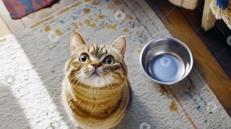 Скачать Кошка смотрит на пустую миску на уютной кровати, олицетворяя концепцию голода фотосток Ozero