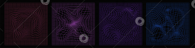 Скачать Неоновые деформированные сетки. набор фонов в стиле 80-х, 90-х, 00-х годов для обложки retrowave. фотосток Ozero