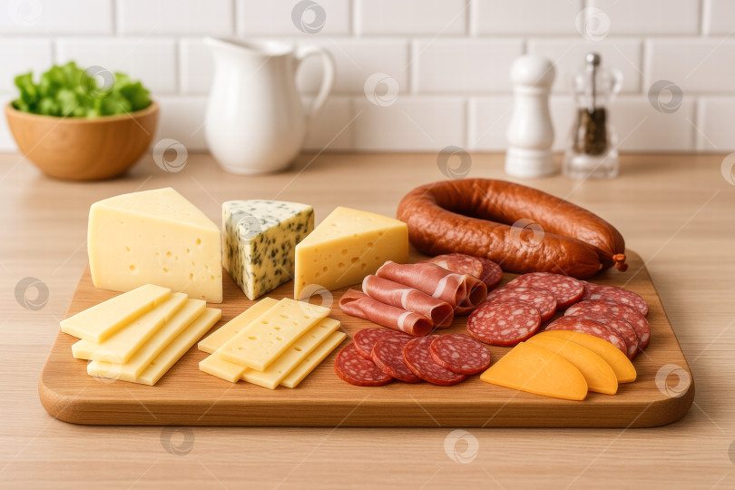 Скачать Восхитительная сырная и мясная нарезка с разнообразными сырами, мясом и гарнирами, идеально подходящая для приема гостей или личного потребления. фотосток Ozero