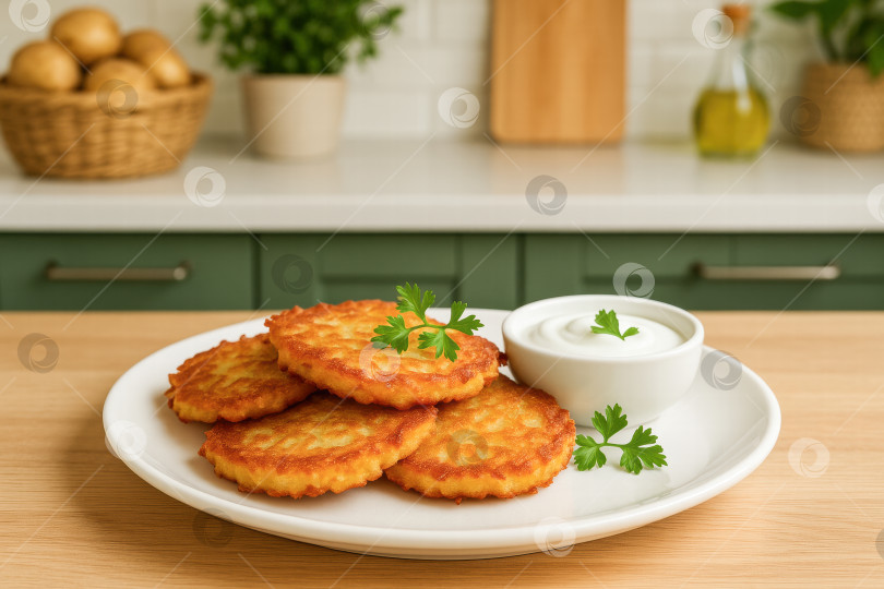 Скачать Хрустящие золотистые картофельные оладьи подаются со свежей зеленью и сливочным соусом на белой тарелке в уютной кухонной обстановке фотосток Ozero