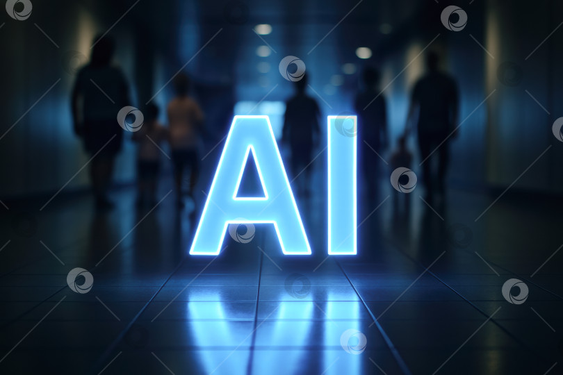 Скачать Футуристическое изображение термина "Искусственный интеллект", освещенное в тускло освещенном коридоре, символизирует растущее присутствие и влияние искусственного интеллекта в современном обществе. фотосток Ozero