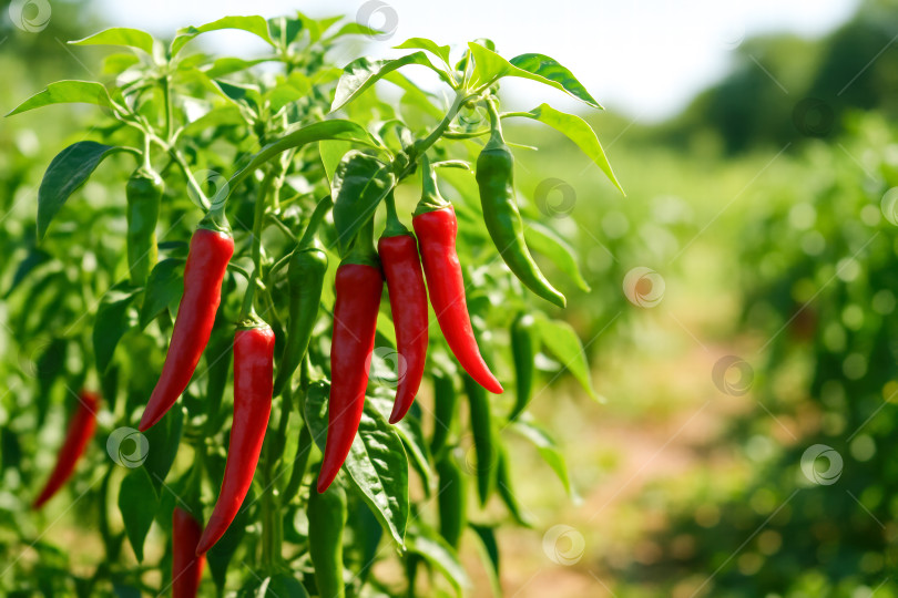 Скачать Яркие красные перцы Чили, растущие на пышном зеленом поле, демонстрируют освежающий аромат и вкус пряного урожая, собранного природой фотосток Ozero