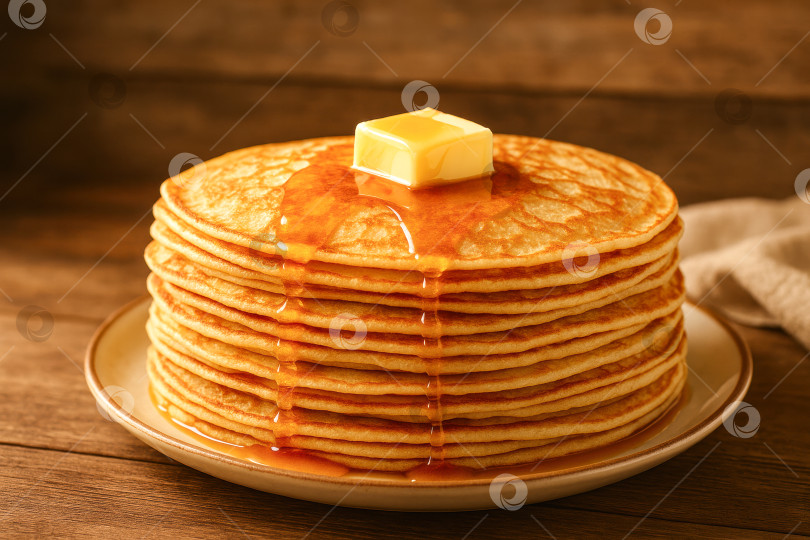 Скачать Восхитительная стопка пышных блинчиков, политых кленовым сиропом, с тающим сверху сливочным маслом, идеально подходит для завтрака или позднего завтрака фотосток Ozero