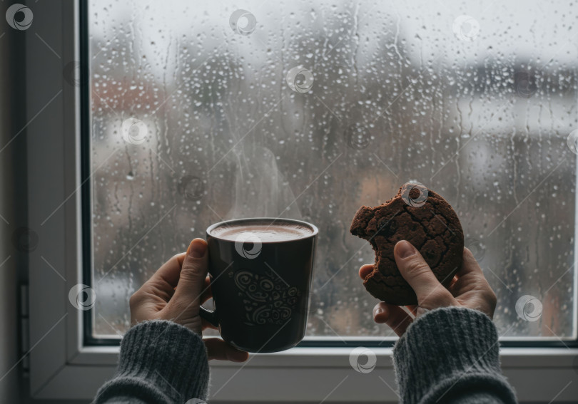 Скачать Женщина с горячим шоколадным напитком и надкусанным шоколадным печеньем в руках у окна с каплями дождя. Концепция комфорта в холодную погоду. фотосток Ozero