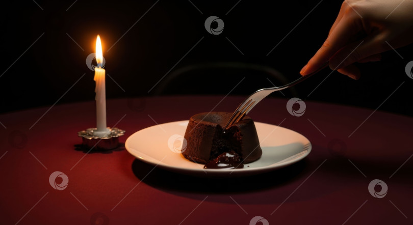 Скачать Woman eating delicious chocolate lava cake with warm melting chocolate filling at a romantic dinner with a candle. World Chocolate Day concept. фотосток Ozero