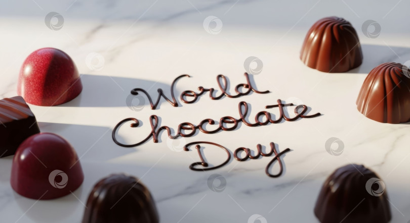 Скачать Всемирный день шоколада, отмеченный шоколадом на белом мраморе с различными конфетами для гурманов. Праздник конфет и десертов. фотосток Ozero