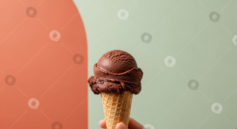 Скачать Рука, держащая рожок шоколадного мороженого на абстрактном фоне. Концепция сладкого десерта для Всемирного дня шоколада. фотосток Ozero