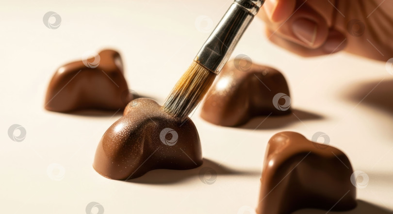 Скачать Женская рука наносит кисточкой на шоколадные конфеты. Шеф-кондитер украшает изысканные сладости ручной работы. Приготовление кондитерских изделий для вкусного угощения. Всемирный день шоколада. фотосток Ozero
