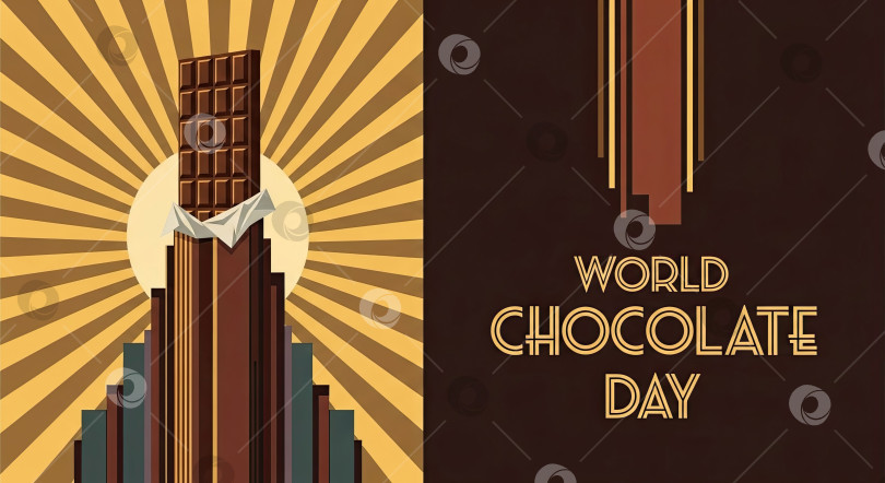 Скачать Баннер Всемирного дня шоколада с изображением шоколадной плитки, возвышающейся в виде здания на фоне солнечных лучей, оформлен в стиле ар-деко для праздника еды. фотосток Ozero