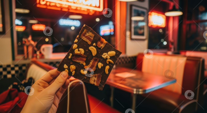 Скачать В руке кусочек темного шоколада ручной работы с беконом и орехами кешью. Вкусный десерт для празднования Всемирного дня шоколада. фотосток Ozero