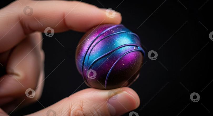 Скачать Мужчина держит в руках изысканный шоколадный трюфель с дизайном, вдохновленным галактикой. Роскошная кондитерская для подарков и концепция Всемирного дня шоколада. фотосток Ozero