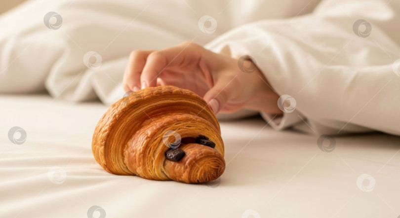 Скачать Женщина, которая ложится в постель за шоколадным круассаном. Утренний завтрак в спальне. Уютный уют и сладкое угощение на десерт. фотосток Ozero
