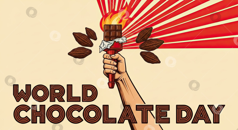 Скачать Рука, держащая плитку шоколада и факел со стручками какао. Концепция празднования Всемирного дня шоколада и сладких угощений. фотосток Ozero