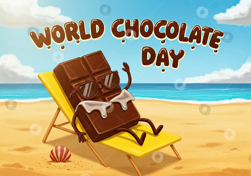 Скачать Персонаж шоколадного батончика на пляжном отдыхе, празднующий Всемирный день шоколада. Милый мультяшный талисман, отдыхающий в кресле для сладких праздников. фотосток Ozero
