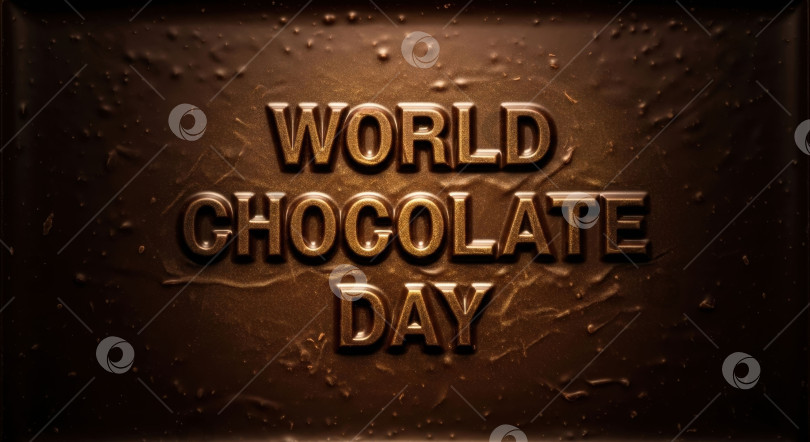 Скачать Надпись "Всемирный день шоколада" нанесена на темный шоколад с насыщенной текстурой и блестящей поверхностью. Концепция "Кулинарного наслаждения" для маркетинга сладостей. фотосток Ozero