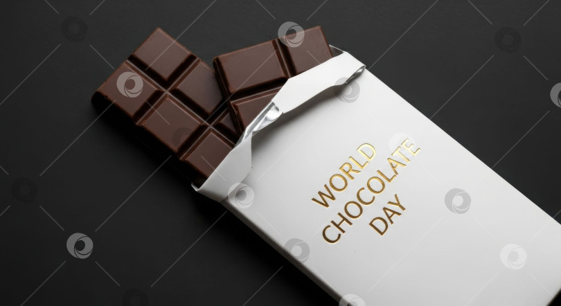 Скачать Плитка темного шоколада в белой упаковке с золотистой надписью и фольгой. Концепция Всемирного дня шоколада. Сладкий десерт. фотосток Ozero
