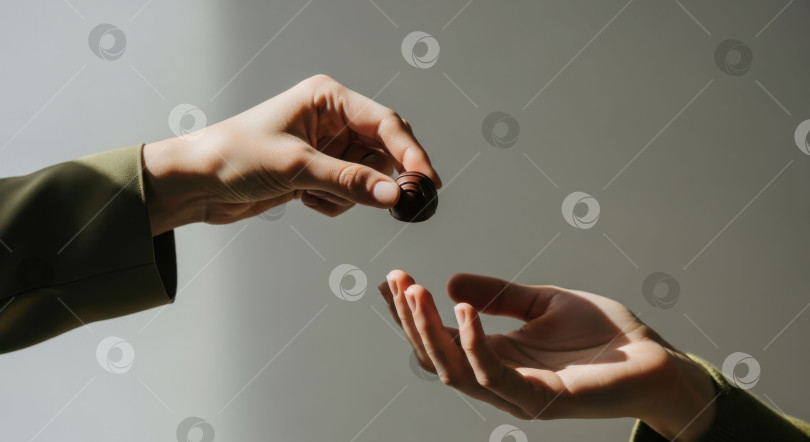 Скачать Женщина дарит шоколадную конфету другому человеку. Дарящий жест, делящийся добротой и радостью. Концепция Всемирного дня шоколада. фотосток Ozero