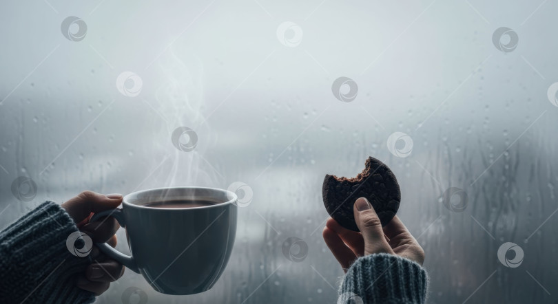 Скачать Женщина с чашкой горячего шоколада и надкусанным печеньем на фоне залитого дождем окна. Расслабляющая концепция для осеннего дня или Всемирного дня шоколада. фотосток Ozero