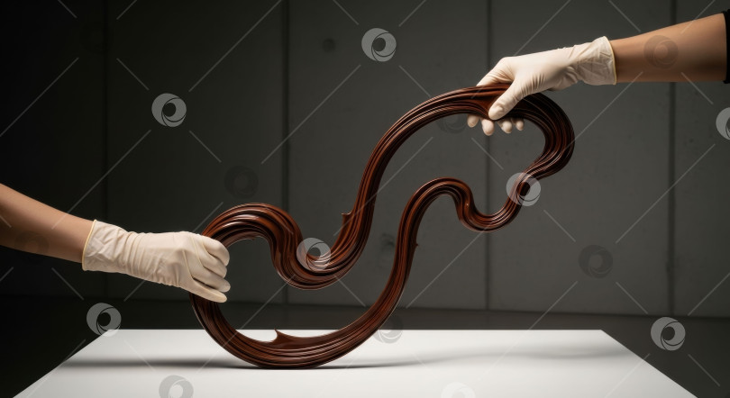 Скачать Две руки в перчатках держат сложный шоколадный завиток, демонстрирующий художественный и восхитительный дизайн десерта. Концепция Всемирного дня шоколада. фотосток Ozero