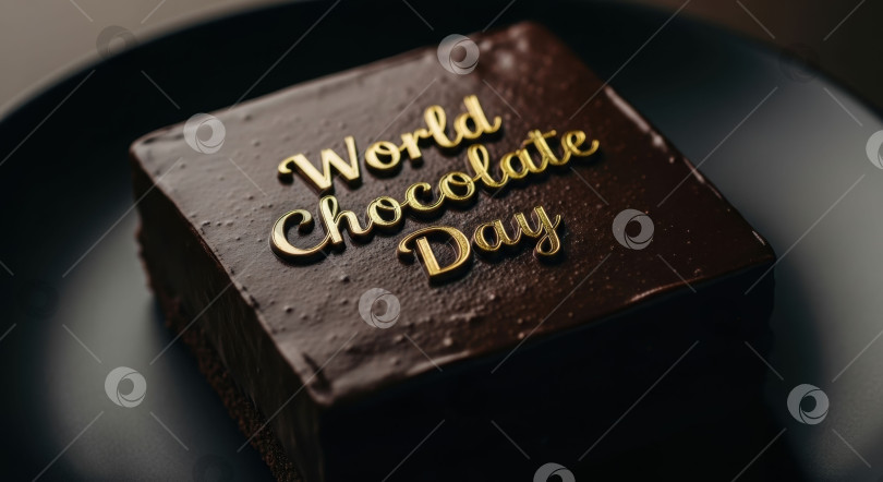 Скачать Восхитительный шоколадный торт для гурманов с надписью золотыми буквами "Всемирный день шоколада". Угощение для торжества, концепция праздничного мероприятия. фотосток Ozero