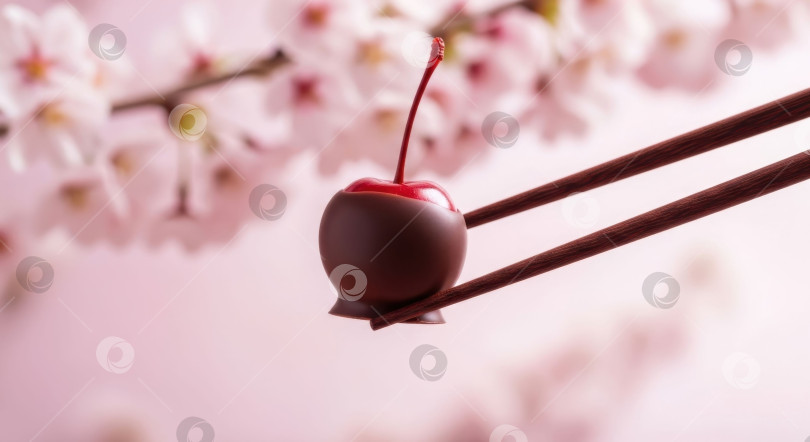 Скачать Вишня в шоколаде, удерживаемая палочками для еды, на фоне нежных розовых цветов. Сладкий кондитерский десерт для празднования Всемирного дня шоколада. фотосток Ozero