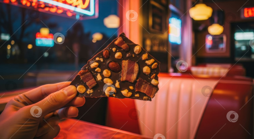 Скачать Рука, держащая кусочек шоколадной корки с орехами и кусочками бекона в закусочной, празднующей Всемирный день шоколада фотосток Ozero