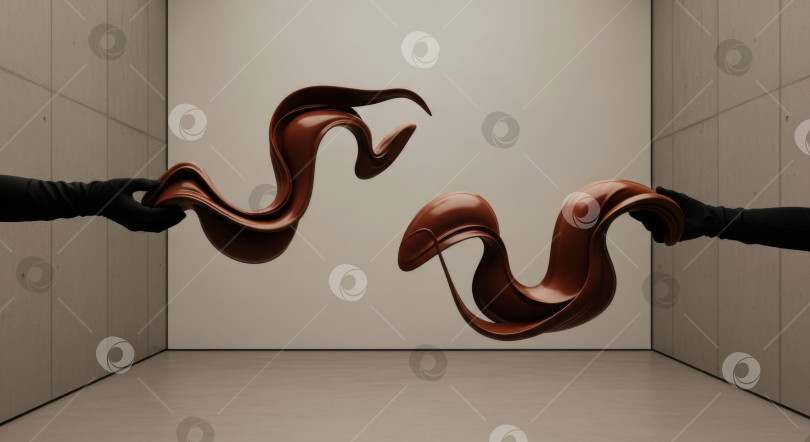 Скачать Две руки в черных перчатках вытягивают блестящую шоколадную жидкость, образуя абстрактные волны и брызги. Абстрактное искусство для оформления блюд, десертов или кондитерских изделий. фотосток Ozero