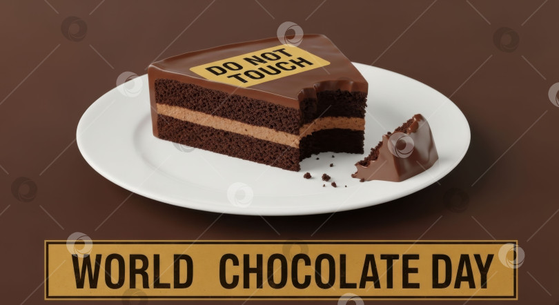 Скачать Кусочек шоколадного торта с надписью "не трогать" на тарелке в честь Всемирного дня шоколада. Концепция искушения и запретного удовольствия. фотосток Ozero