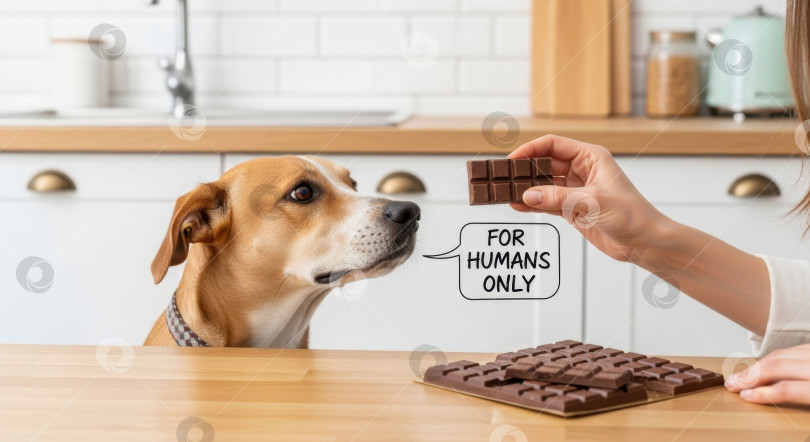 Скачать Женщина с плиткой шоколада и собака с надписью "Только для людей" на кухне. Концепция Всемирного дня шоколада. Защита домашних животных от опасных продуктов. фотосток Ozero
