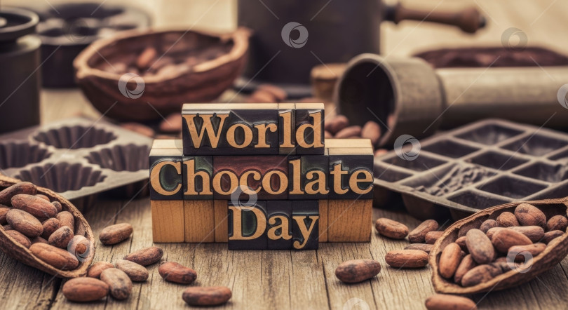 Скачать Надпись "Всемирный день шоколада" с изображением какао-бобов и инструментов для выпечки на деревянном фоне в деревенском стиле. Праздник сладкой пищи и кондитерского производства. фотосток Ozero