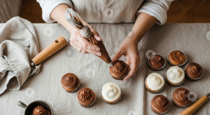 Скачать Женщина украшает шоколадный кекс с помощью кондитерского мешка. Готовим сладкий десерт с кремовой глазурью. Концепция выпечки для Всемирного дня шоколада. фотосток Ozero