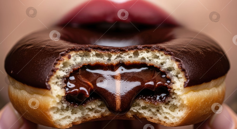 Скачать Женщина собирается откусить кусочек от вкусного пончика с шоколадной начинкой, с которого стекает густая глазурь - концепция Всемирного дня шоколада. фотосток Ozero