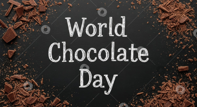 Скачать Надпись "Всемирный день шоколада" с разбросанными кусочками шоколада на темном фоне для кулинарного праздника и концепции сладкого угощения. фотосток Ozero